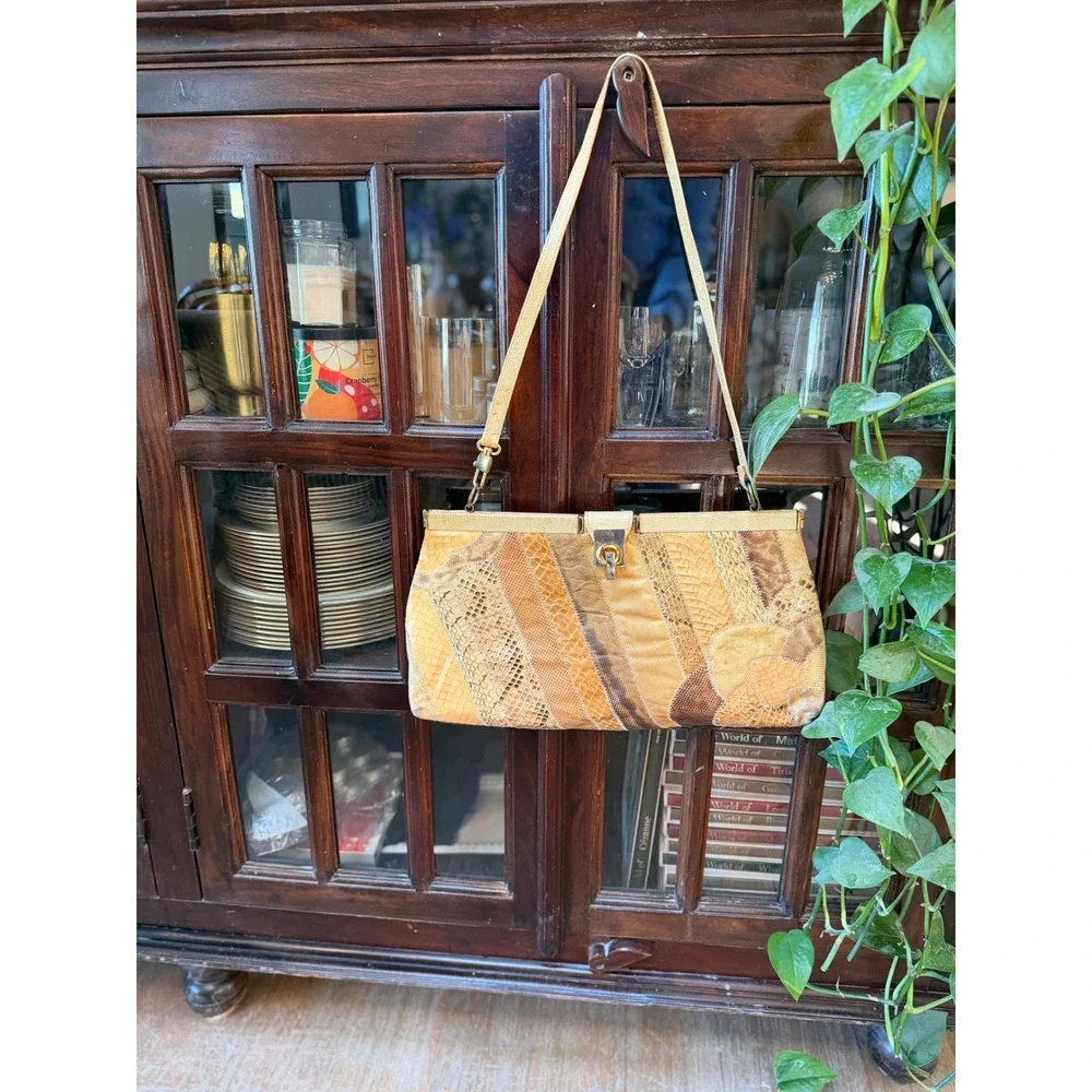 Vintage Snakeskin Patchwork‎ Handbag Gold Frame Exotic Skin Shoulder Bag Tan